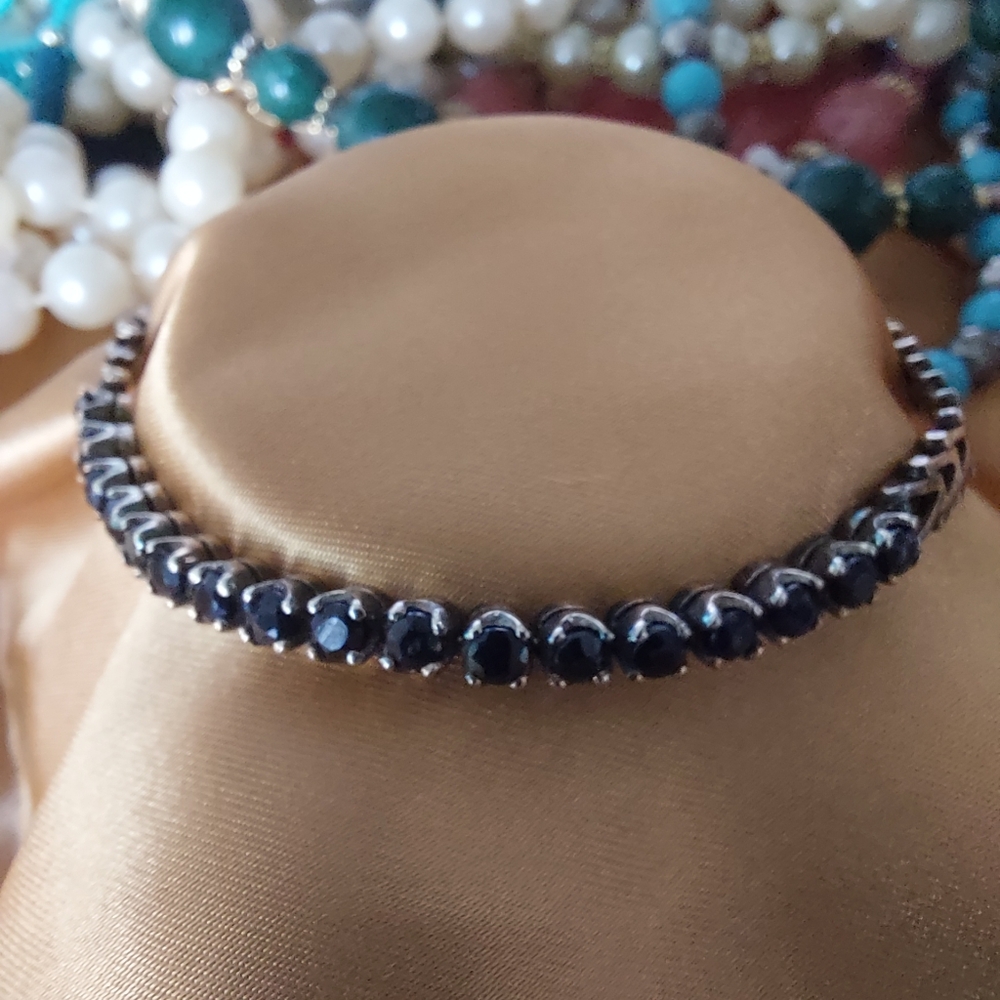 Vintage 925 Sterling Silver Black Gemstone Tennis Bracelet 7", Estate Jewelry